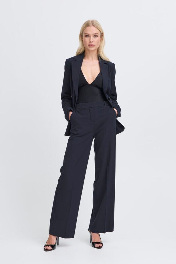 navy wide leg trousers, tailored navy work pant, polished wide leg dress pant