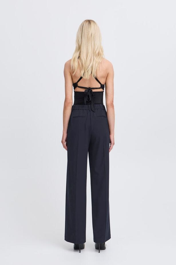 office ready navy trousers, structured wide leg bottoms
