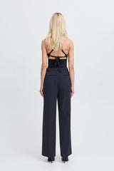 office ready navy trousers, structured wide leg bottoms