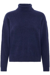 navy cold weather sweater, women’s navy knitwear, navy thick knit top, everyday navy turtleneck