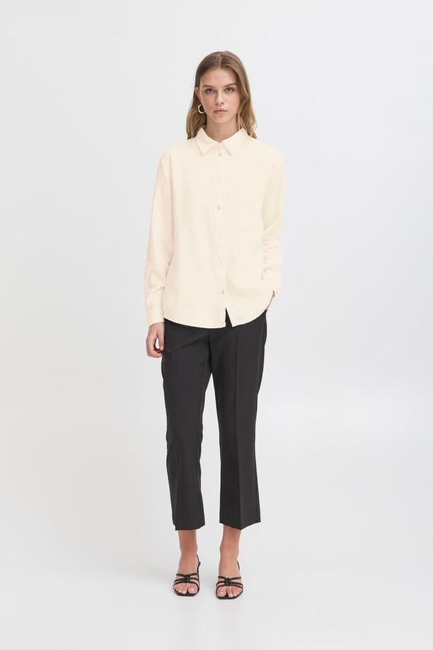polished cream linen top women, everyday linen blouse cream, capsule wardrobe shirt women cream, modern beige linen shirt women, timeless linen button down cream