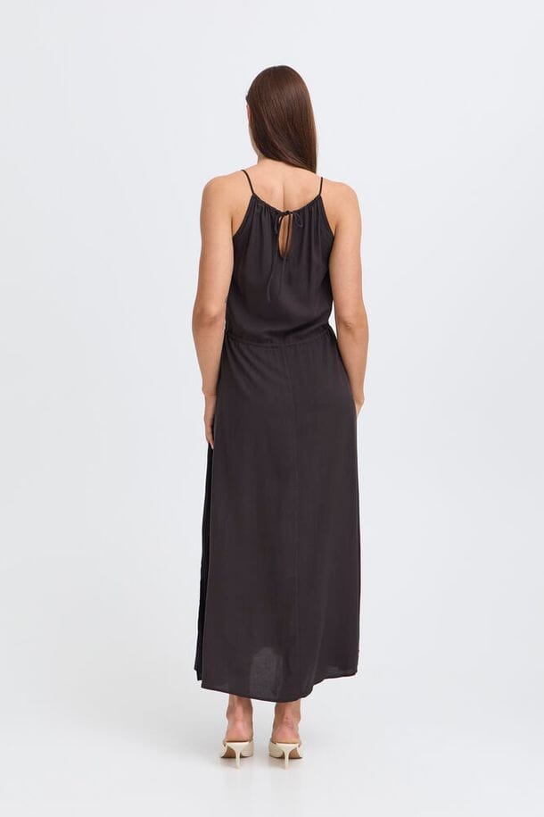 relaxed black summer dress women, women's sleek black dress, modern black midi slip dress