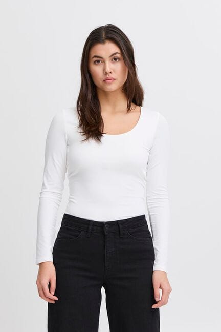 womens white long sleeve scoop top, fitted white layering shirt