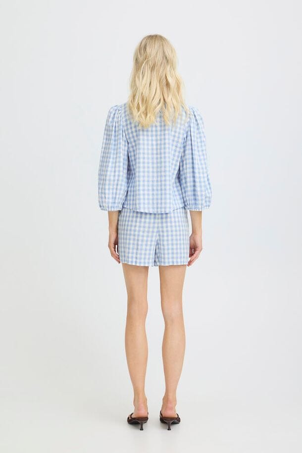 feminine gingham top women, lightweight gingham blouse women, women's blue check top, summer gingham blouse women
