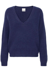 womens v neck pullover, cozy navy knitwear