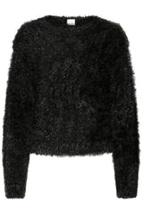 black fuzzy sweater, textured knit pullover