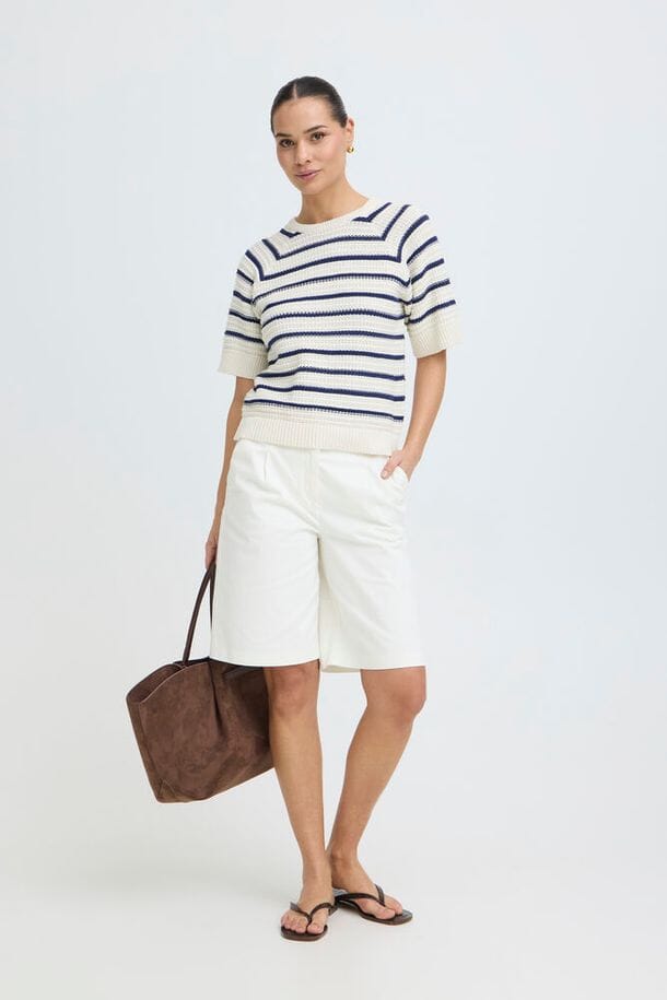 breathable cotton knit women, casual stripe sweater women, navy top women knit, everyday knit top women, relaxed fit sweater women