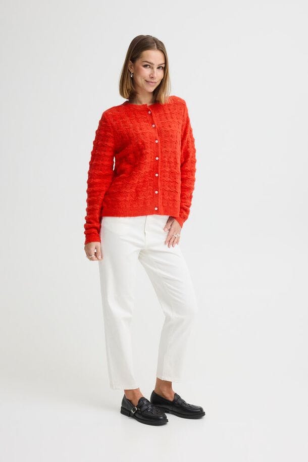 long sleeve cardigan women red, bold color sweater women, cozy knit cardigan women, eyelet knit cardigan women, standout cardigan women, casual red sweater women