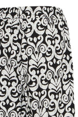 high fashion black and white look, chic office pants, lightweight patterned trousers