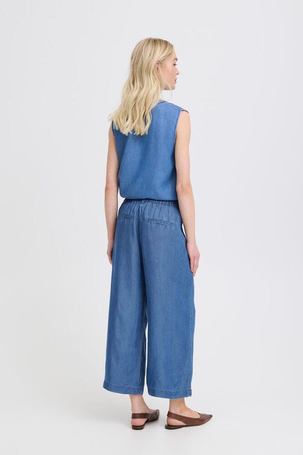 comfortable blue pull on pants women, modern denim look trousers women, lightweight blue pants women, everyday blue wide leg trousers women