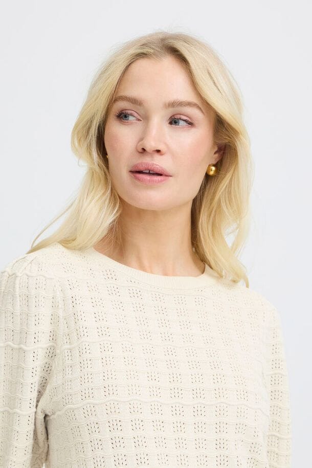 soft cotton knit top cream, versatile cream knit sweater top, women's textured knit blouse