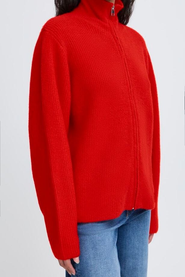 high collar zip sweater, bold color knit top