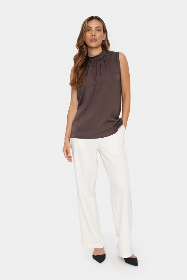 satin sleeveless top, high neck satin blouse, everyday satin blouse, brown dressy top women