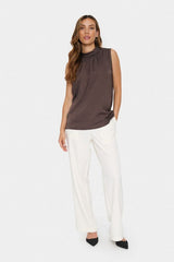 satin sleeveless top, high neck satin blouse, everyday satin blouse, brown dressy top women