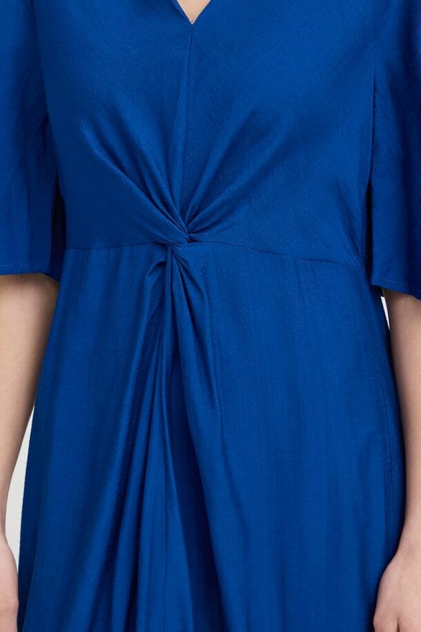 classic blue midi dress women, statement blue dress women, blue dress with sleeves midi, elegant blue midi dress alternative