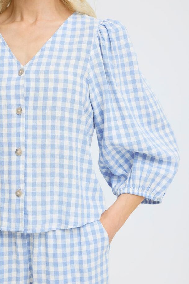 blue checkered blouse women, puff sleeve cotton blouse women, gingham print blouse women