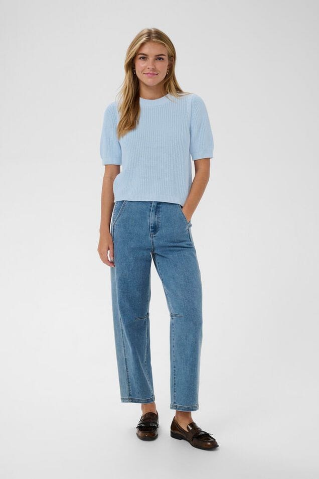 soft blue sweater top, crew neck knit shirt women