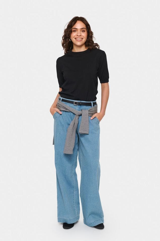 soft touch pullover black, black knit pullover women, soft knit short sleeve sweater black