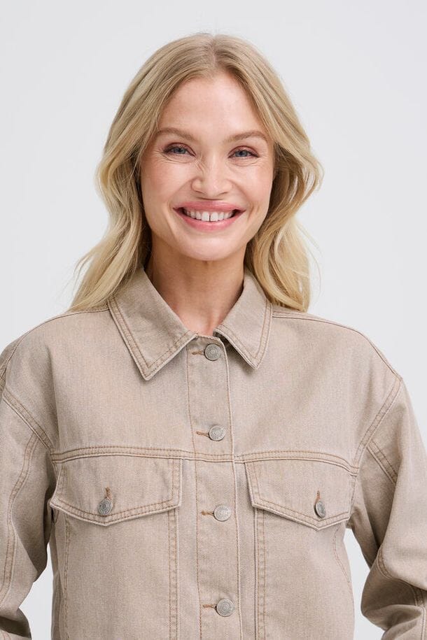 chic beige jean jacket women, beige denim jacket casual style, modern neutral denim jacket women