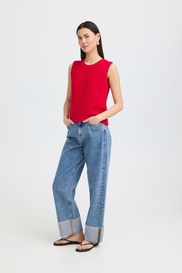 structured knit vest women, everyday sweater vest women, vibrant red knit top women, minimalist sleeveless sweater women