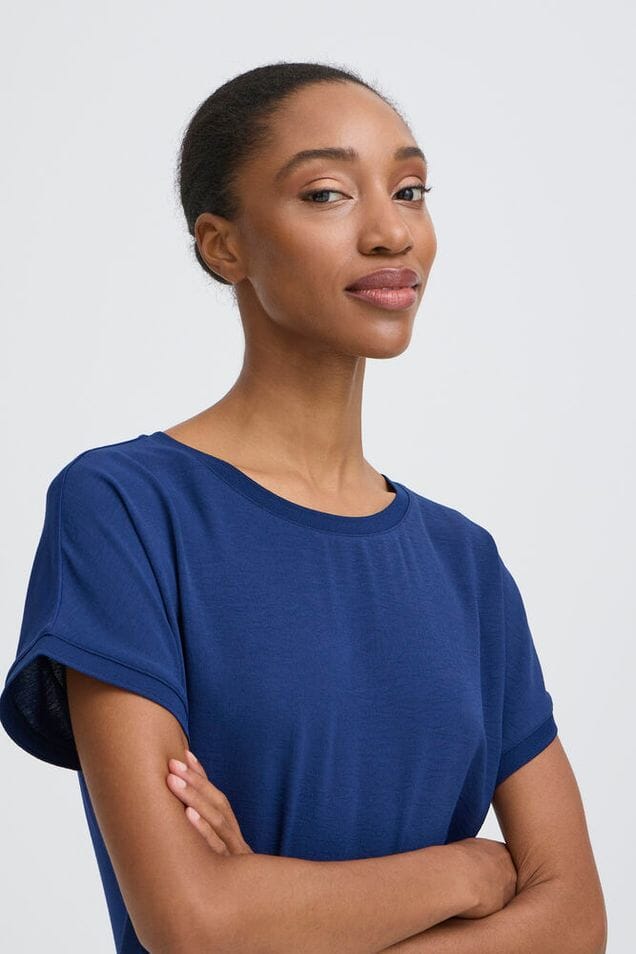 crew neck blue t shirt, layering navy tee