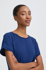 crew neck blue t shirt, layering navy tee