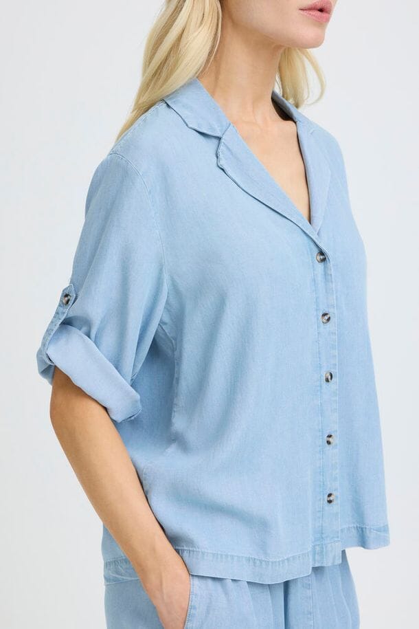 versatile blue button shirt women, women's office blue blouse, relaxed fit blue shirt women