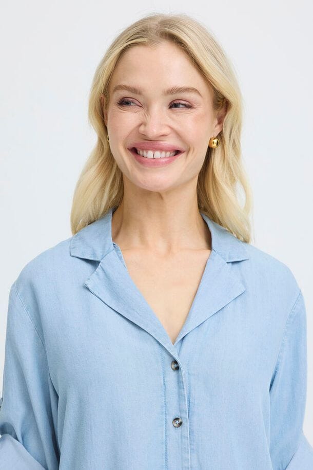 everyday blue blouse women, chic blue collared shirt women, women's classic blue shirt