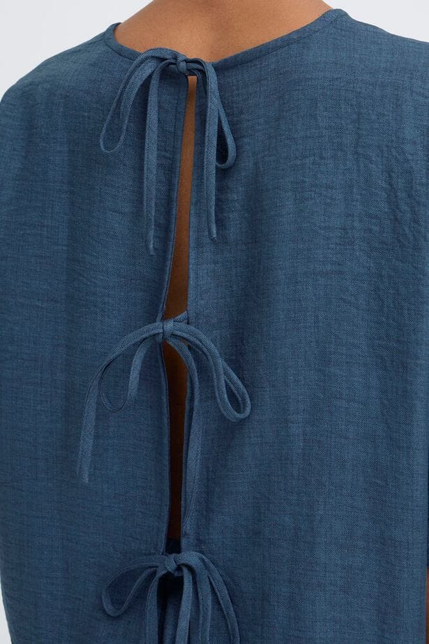 navy linen look top, navy structured summer blouse, navy everyday elevated top, navy loose fit blouse women