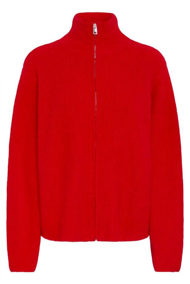 cherry red knit zip sweater, bold red cozy cardigan