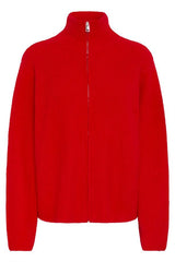 cherry red knit zip sweater, bold red cozy cardigan