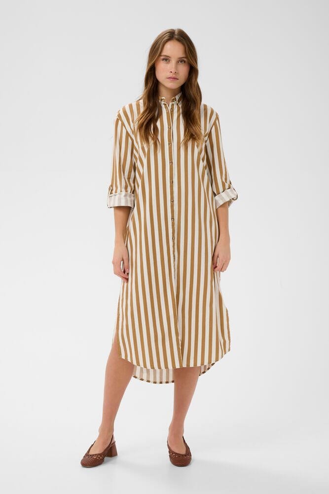 vertical stripe dress women, neutral midi dress women, collared shirt dress women, everyday shirt dress women, warm tone striped dress women, business casual dress women