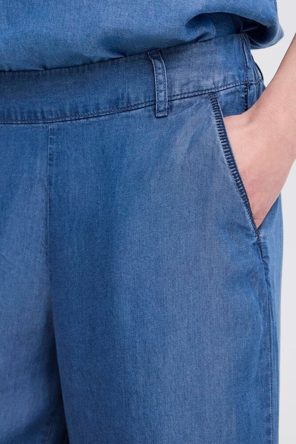 airy denim look pants women, ankle length wide leg pants women blue, versatile blue summer trousers women