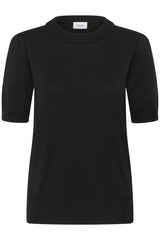 casual black pullover women, black knit outfit women, black short sleeve sweater
