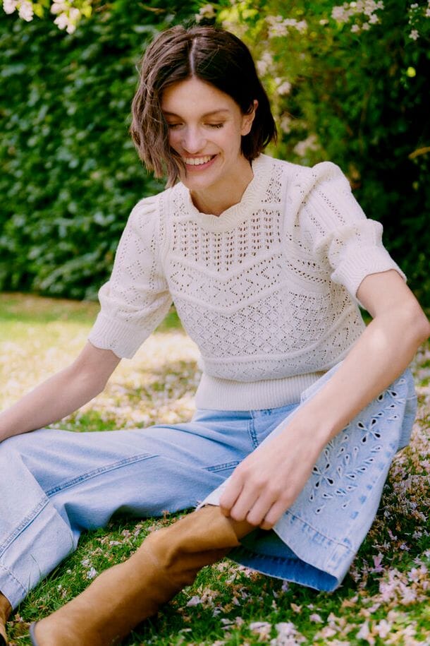 Cream Knit Blouse for Women | Textured Wavy Collar Knit | LORDON