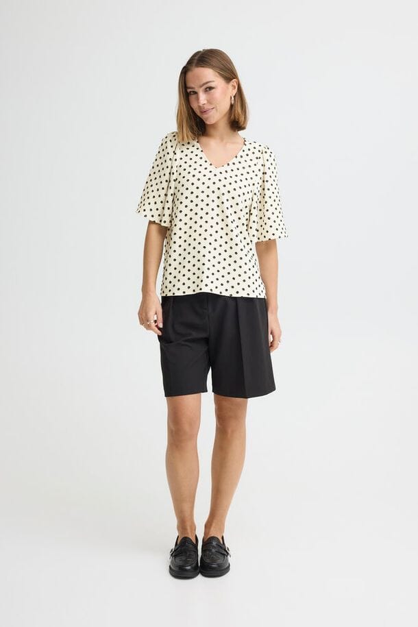 feminine office top women, short sleeve v neck blouse women, summer blouse women cream, chic polka dot shirt women