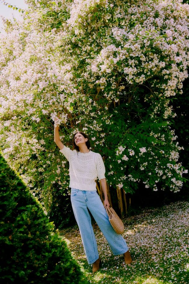 neutral knit blouse women, textured cream sweater top women, casual knit blouse women