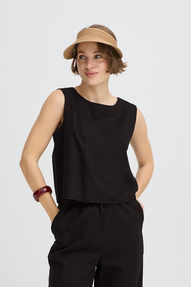Black Linen Tank Top for Women | Structured Sleeveless Summer Top