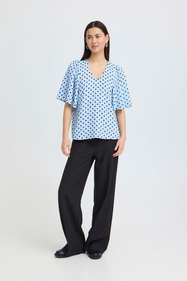 blue printed blouse women, feminine work blouse women, short sleeve v neck blouse blue, chic polka dot shirt women, spring blouse women blue