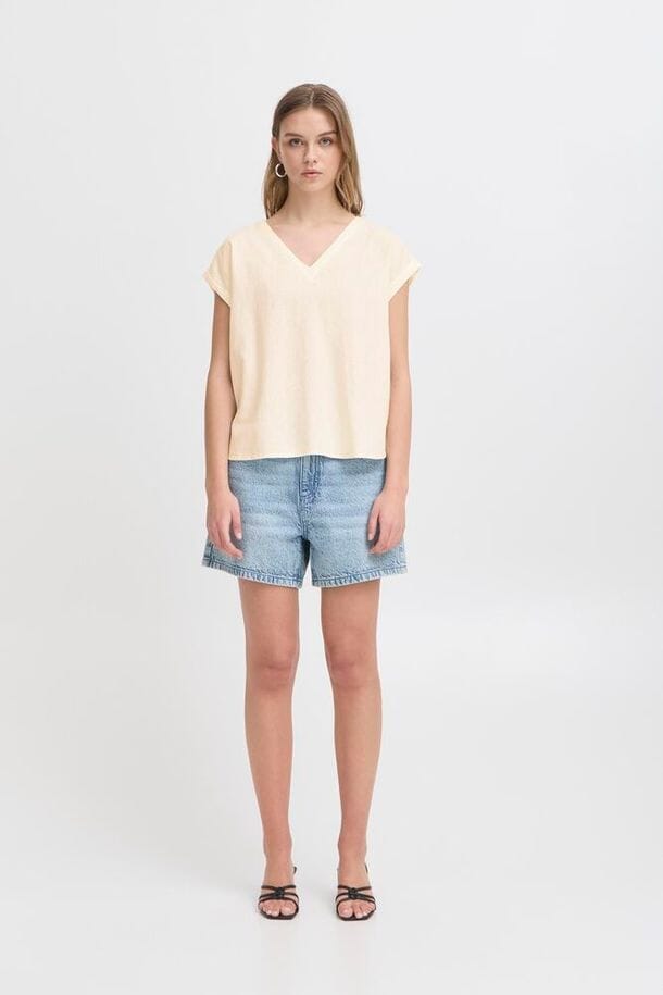 Cream Linen V Neck Top for Women | Relaxed Lightweight Summer