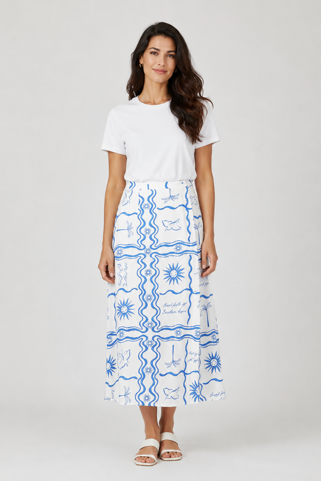 PAROS BLUE PRINTED MIDI SKIRT