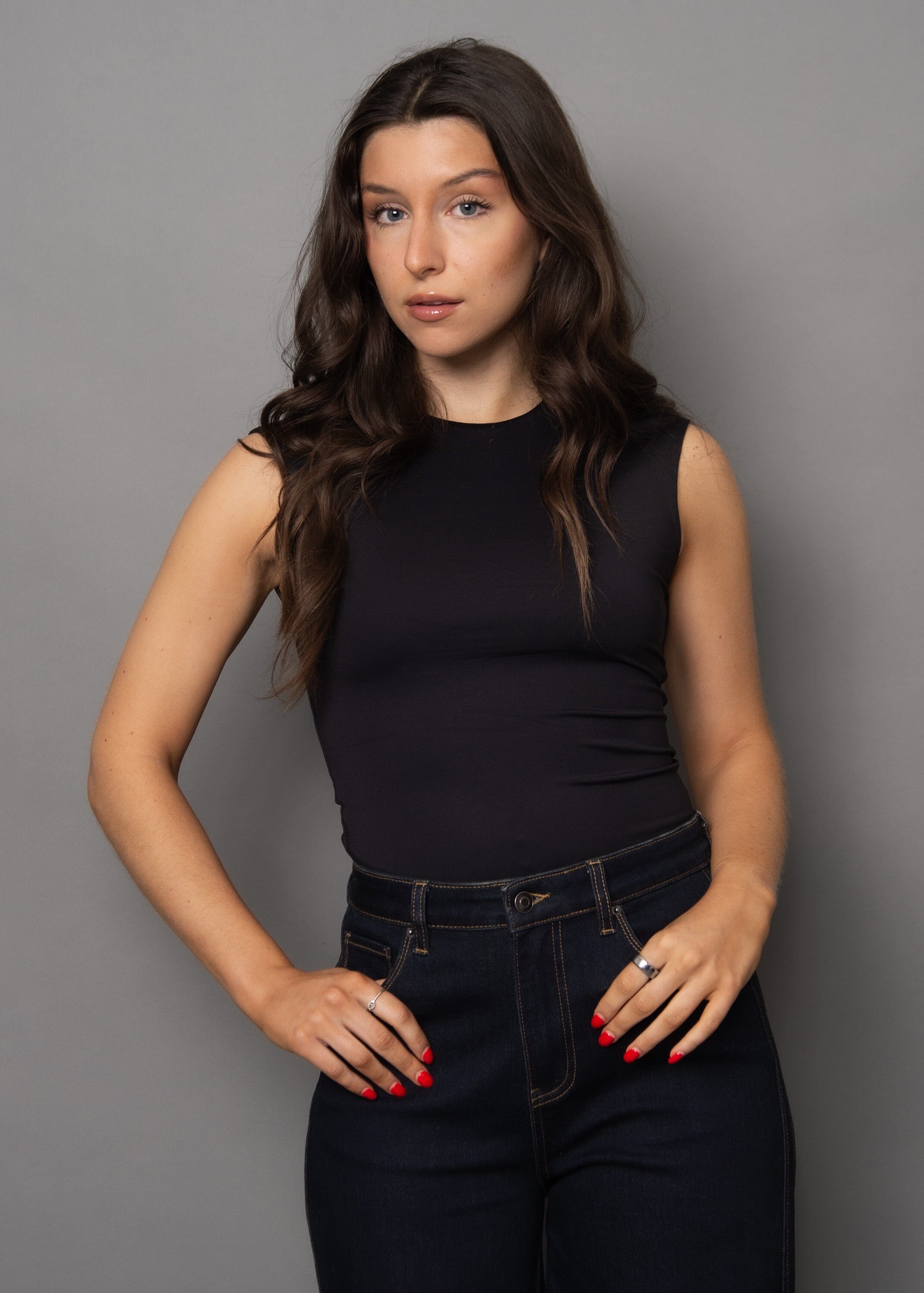 ROXI SCULPT TANK BLACK Top, SECOND SKIN, womens black fitted tank top, sculpt stretch sleeveless top, sleek black layering tank, high neck black sculpt top