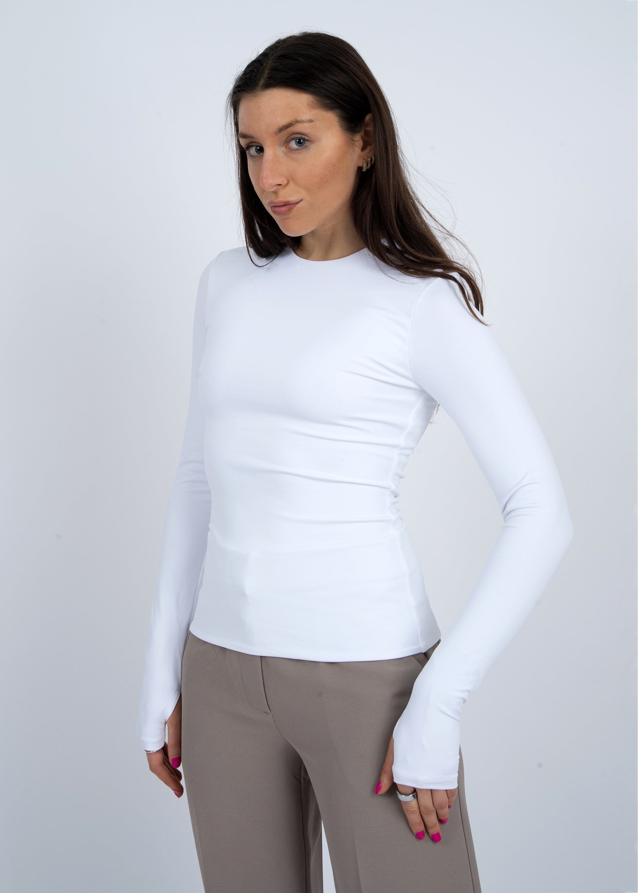 SCULPT LONG SLEEVE WHITE Top, SECOND SKIN, womens white fitted long sleeve top, stretch sculpting shirt white, sleek layering long sleeve white, tight white long sleeve outfit