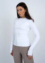 SCULPT LONG SLEEVE WHITE Top, SECOND SKIN, womens white fitted long sleeve top, stretch sculpting shirt white, sleek layering long sleeve white, tight white long sleeve outfit