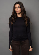 SCULPT LONG SLEEVE BLACK Top, SECOND SKIN, womens black fitted long sleeve top, stretch sculpting shirt black, sleek layering long sleeve black, tight black long sleeve outfit