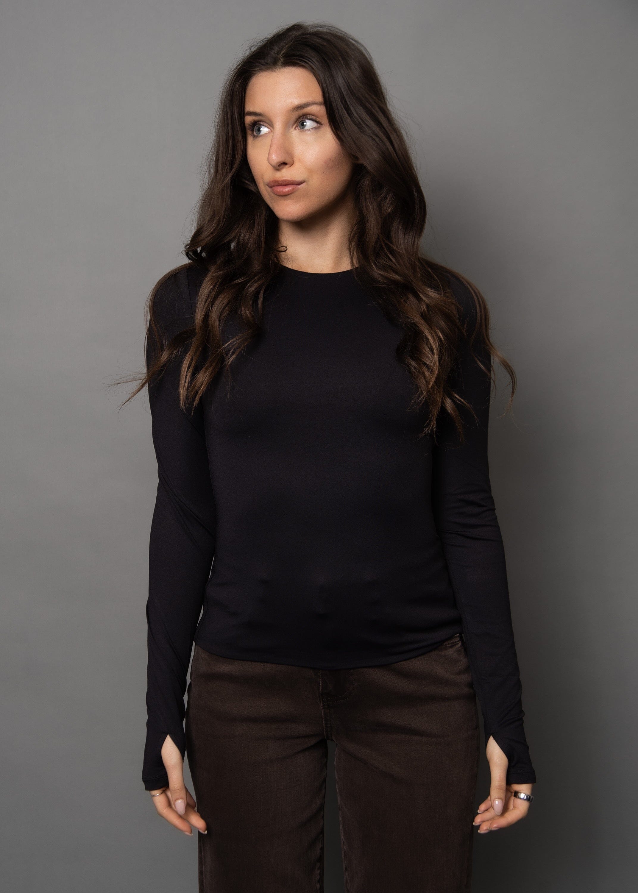 SCULPT LONG SLEEVE BLACK Top, SECOND SKIN, womens black fitted long sleeve top, stretch sculpting shirt black, sleek layering long sleeve black, tight black long sleeve outfit