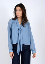 SAYLOR BLOUSE BLUE Top, RD STYLE, womens blue tie neck blouse, sheer sleeve blue top, flowy lightweight blouse outfit, soft blue blouse for women 