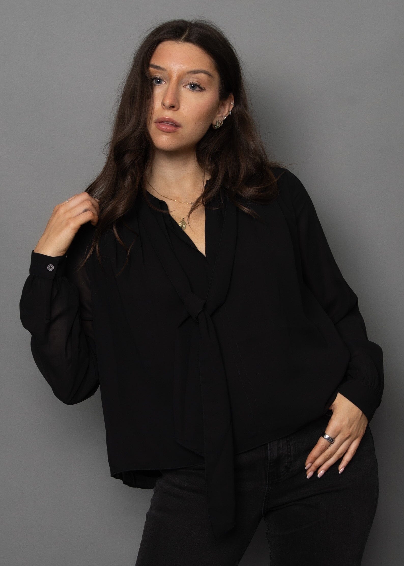 SAYLOR BLOUSE BLACK Top, RD STYLE, womens black tie neck blouse, sheer sleeve black blouse outfit, lightweight black top for women, flowy black blouse for work or night out 