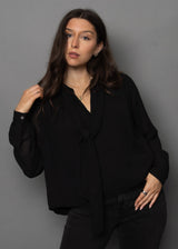 SAYLOR BLOUSE BLACK Top, RD STYLE, womens black tie neck blouse, sheer sleeve black blouse outfit, lightweight black top for women, flowy black blouse for work or night out 