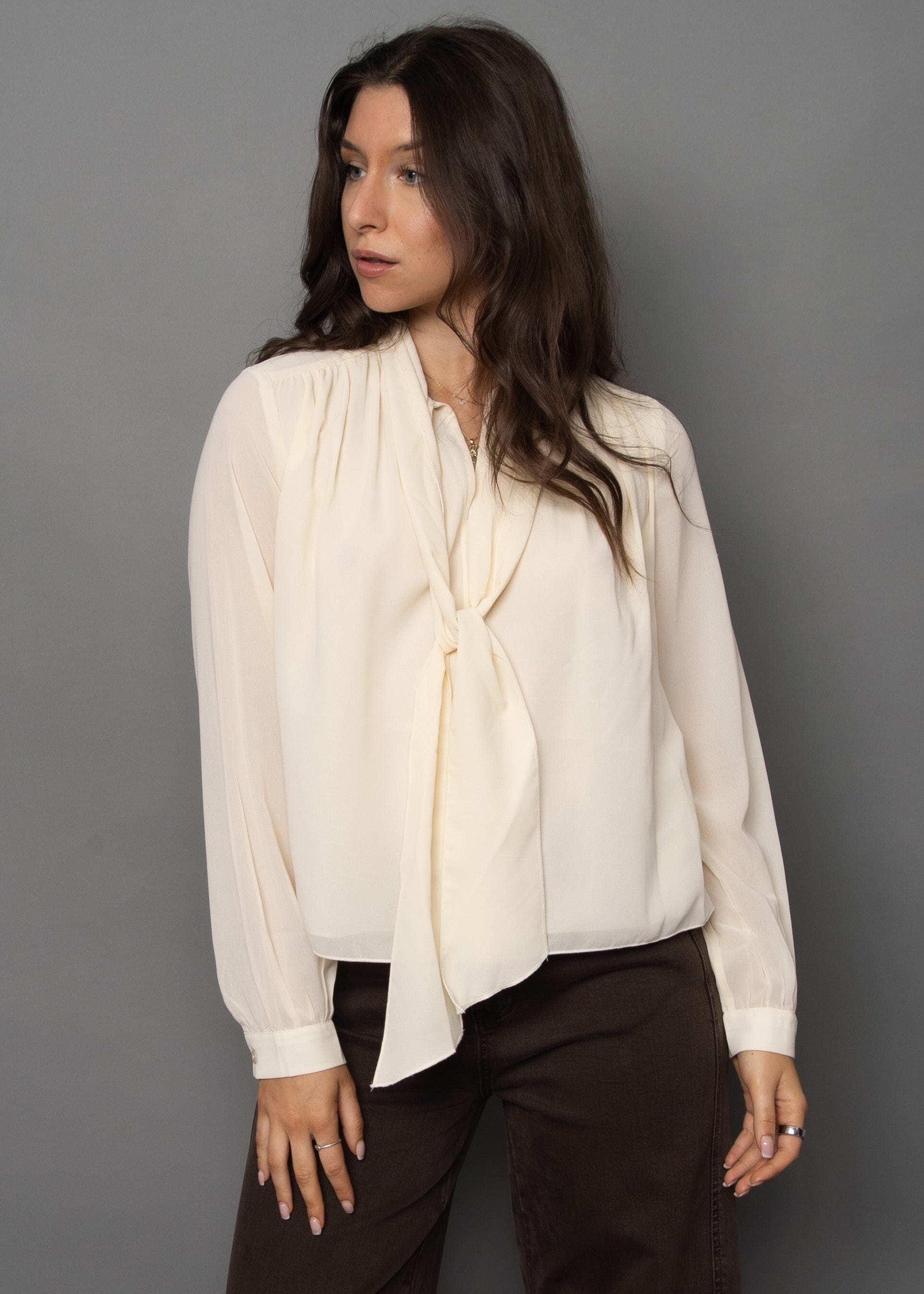 SAYLOR BLOUSE Cream Top, RD STYLE, womens cream tie neck blouse, sheer sleeve cream top, lightweight cream blouse outfit, soft flowy blouse for women 
